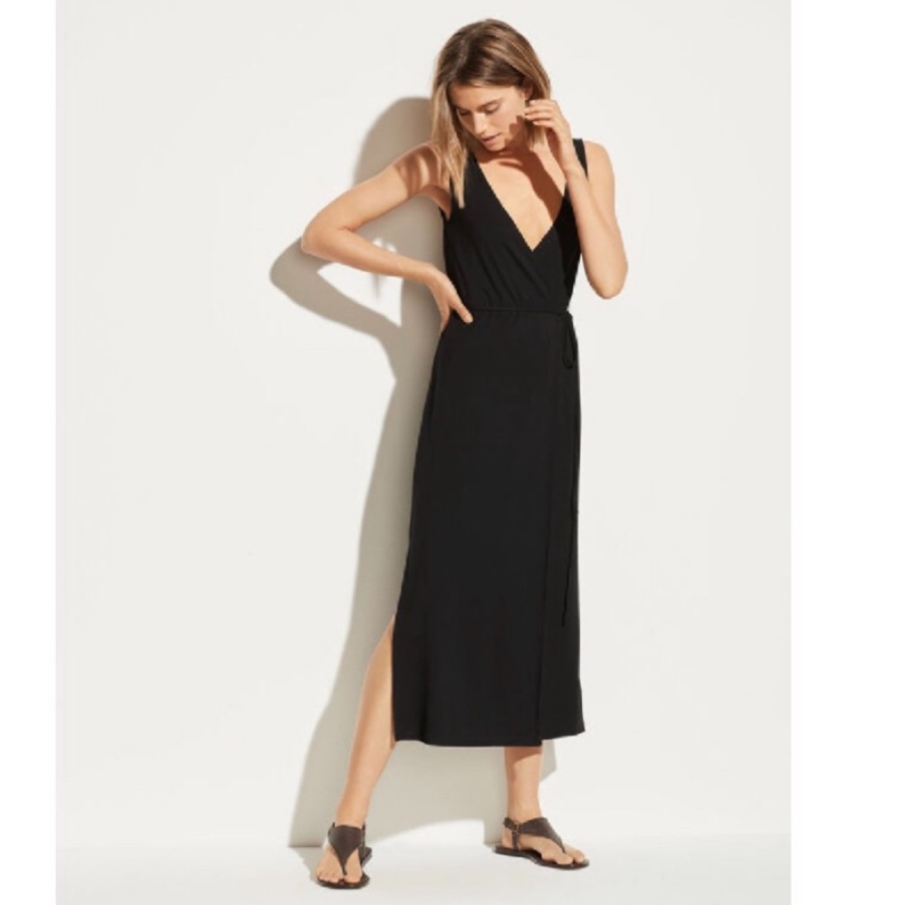 Vince V-Neck Wrap tank maxi Dress split hem Black